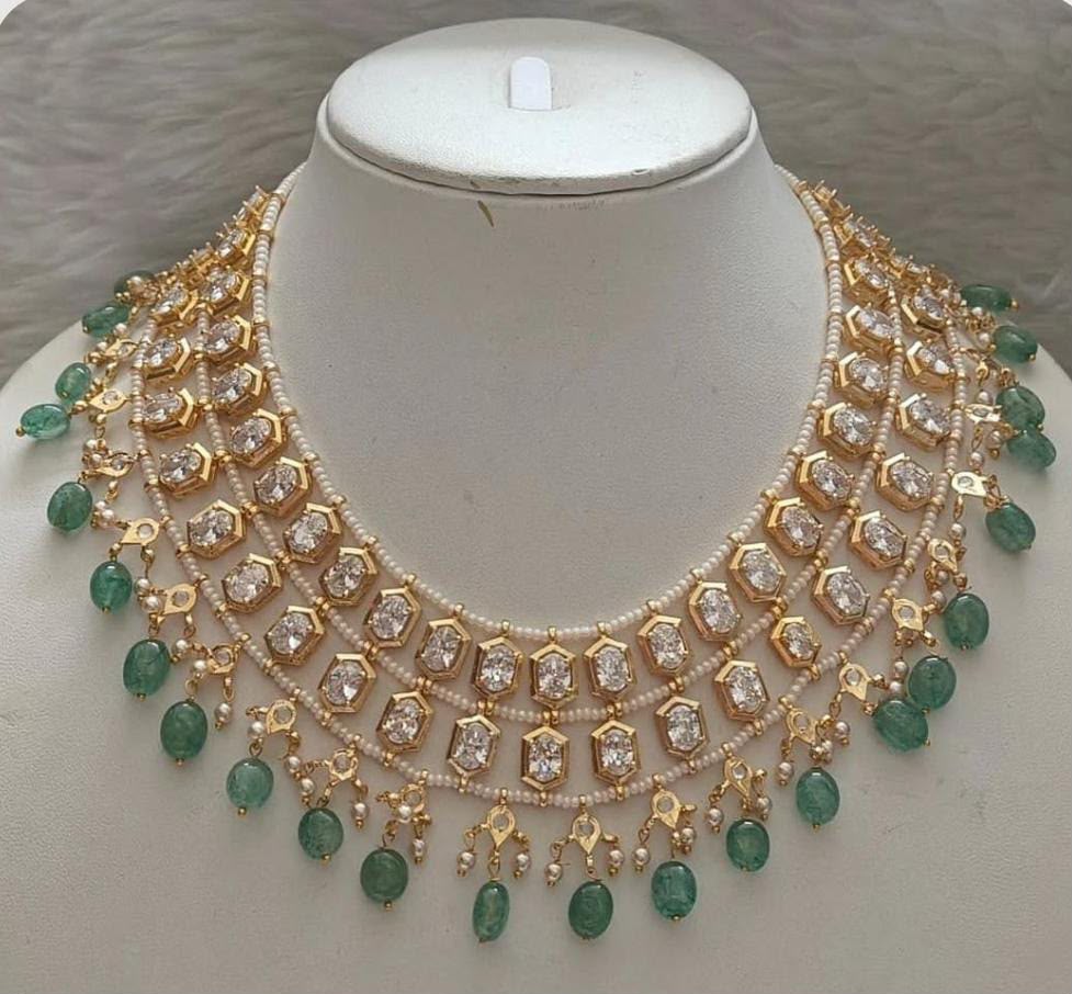 Emerald, clear stone and pearl choker necklace handcrafted by VAARAHI