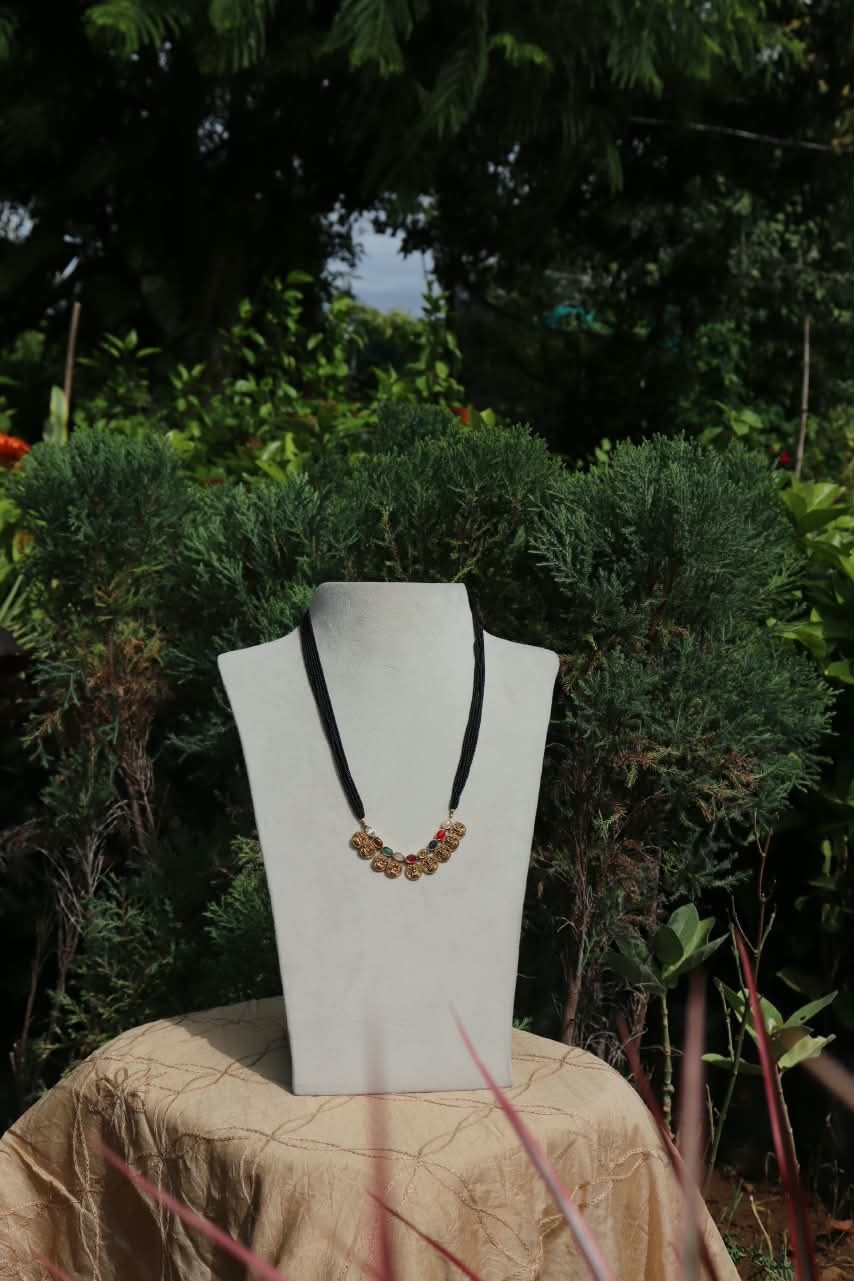 Black Beads with Navaratna Pendant along with Earrings