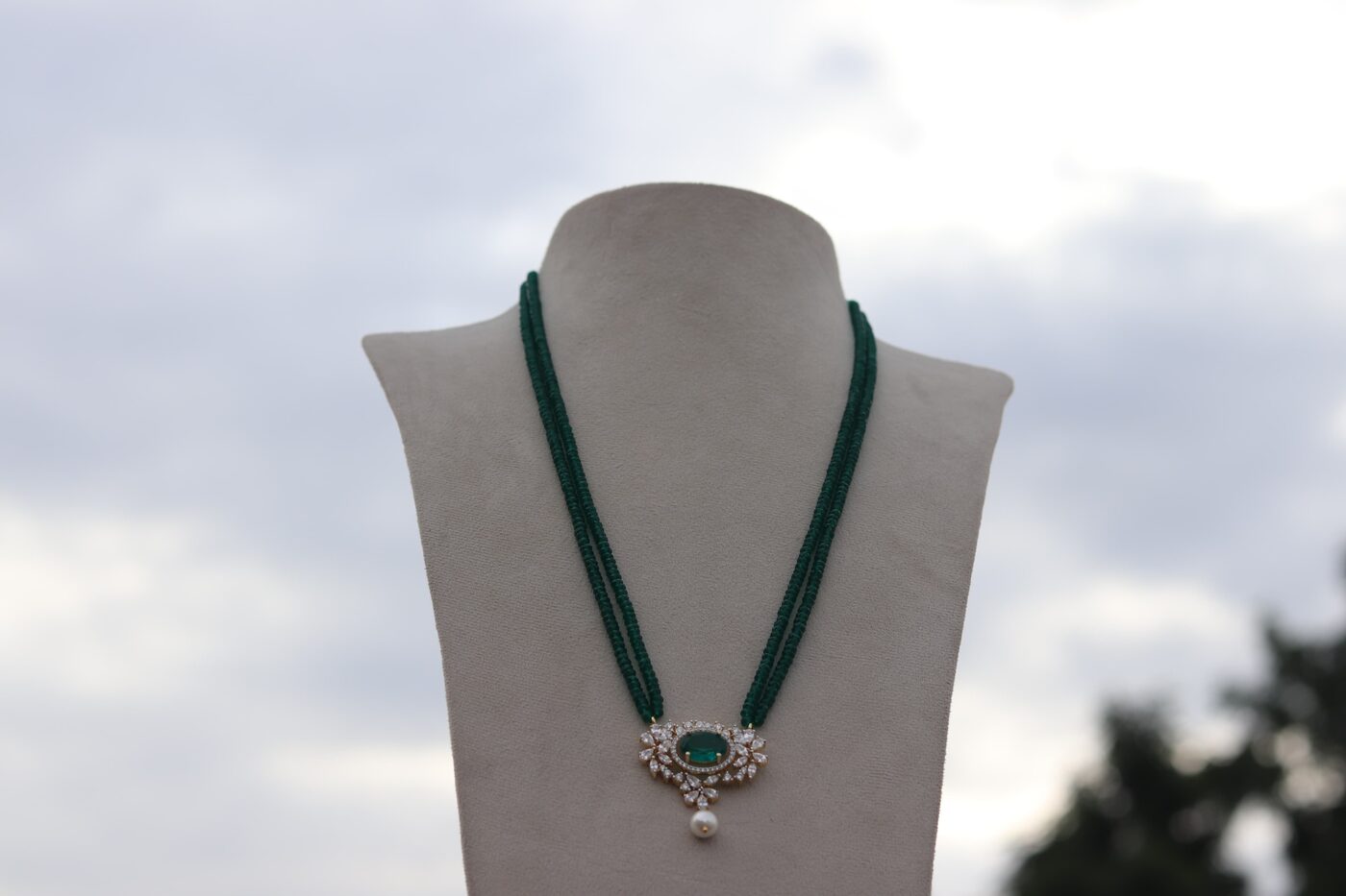 Green Emeralds with Uncut Diamonds Necklace