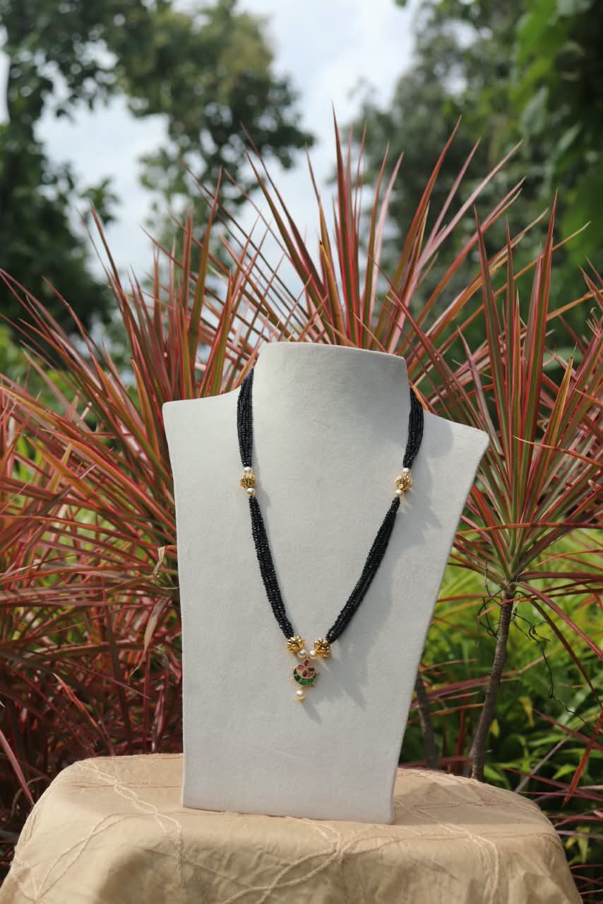 Long Black Beads with Jadau Kundan Locket with Nakshi Balls