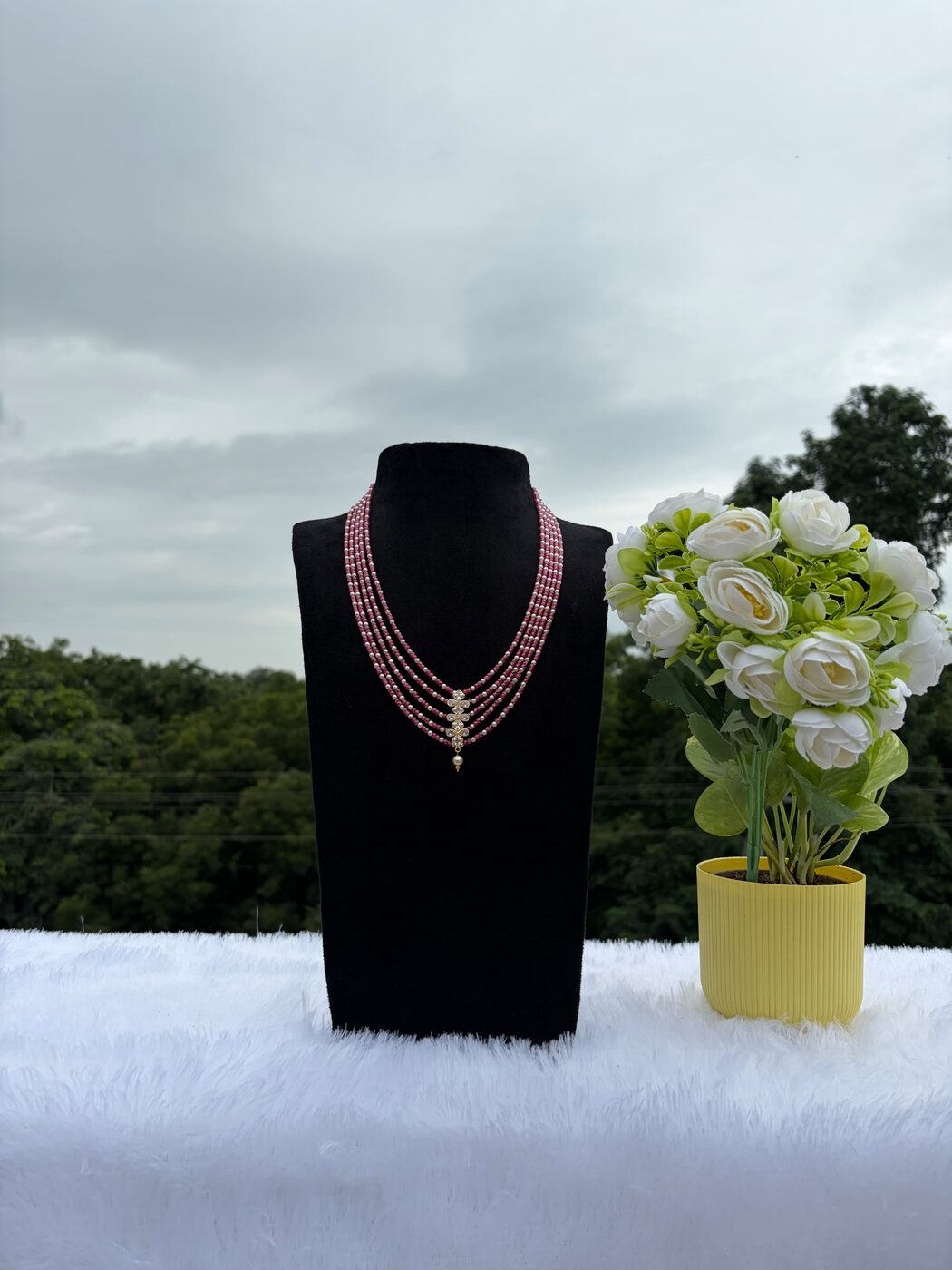 Pink Real CZ with Swarovski and Polki Pendant Necklace