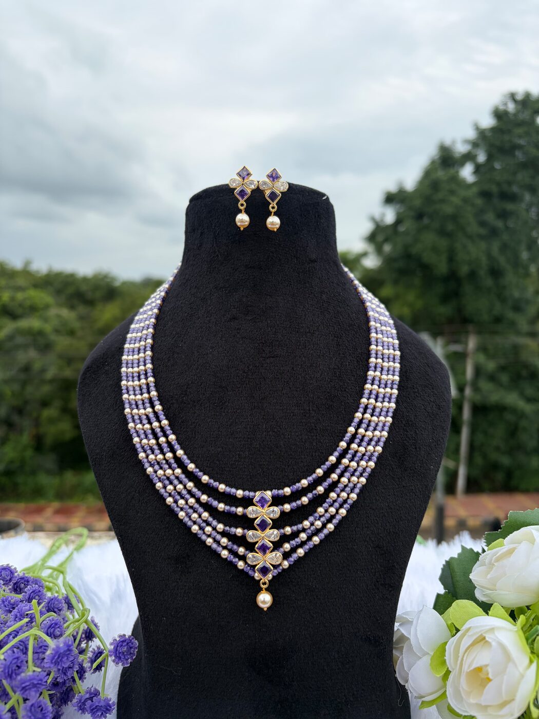Purple Real CZ 5 Layered Necklace with Earrings