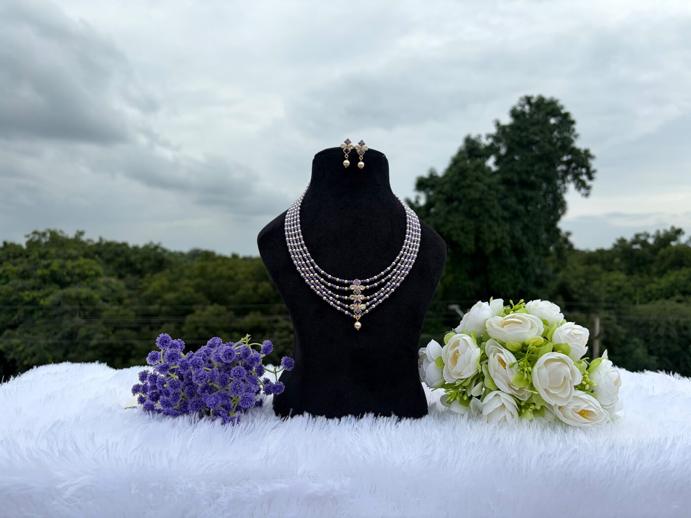 Purple Real CZ and Swarovski Combination with Gold Replica Polki Pendant with Earrings