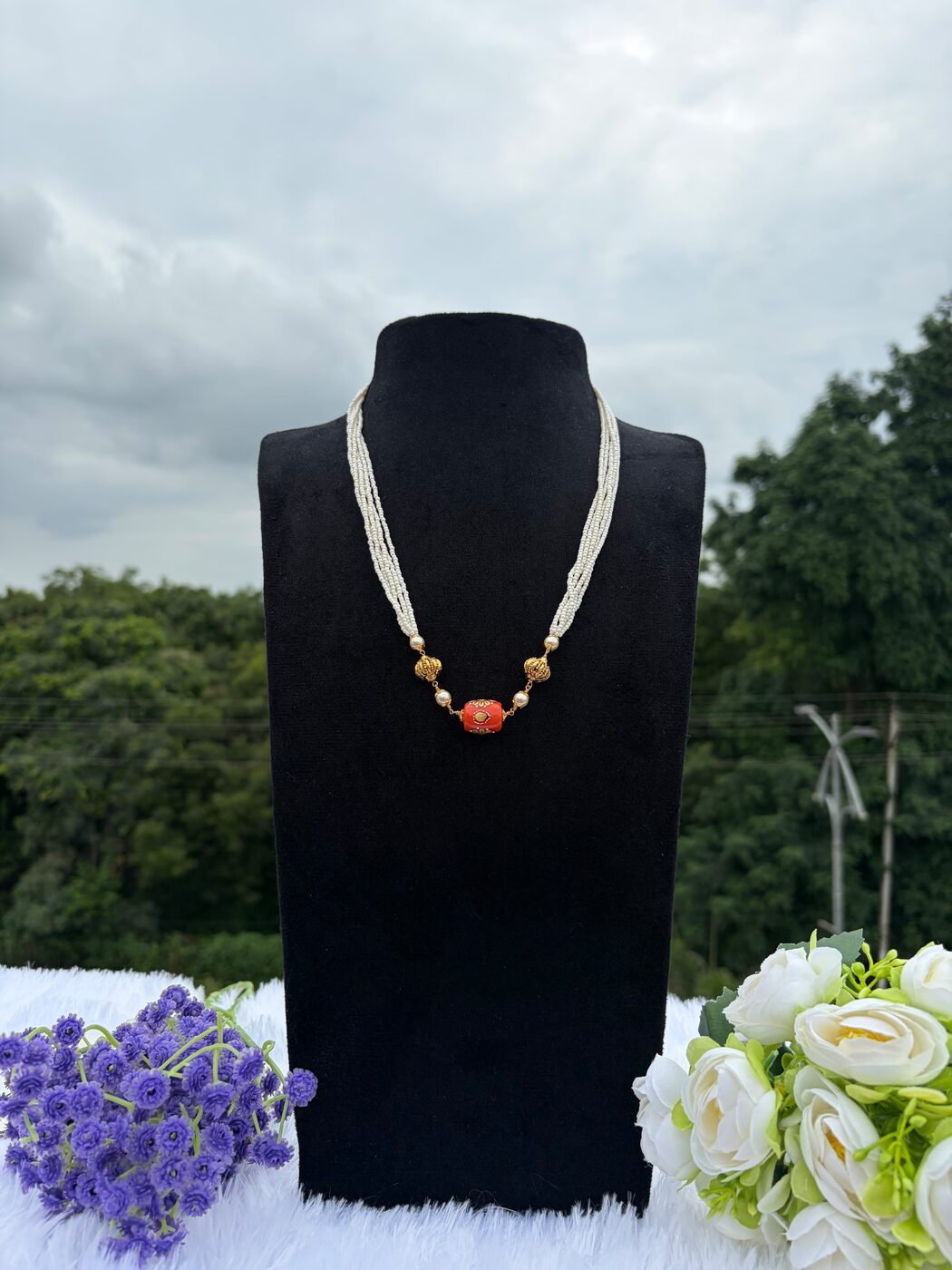 White Sugar Beads with Coral and Nakshi Balls Chain